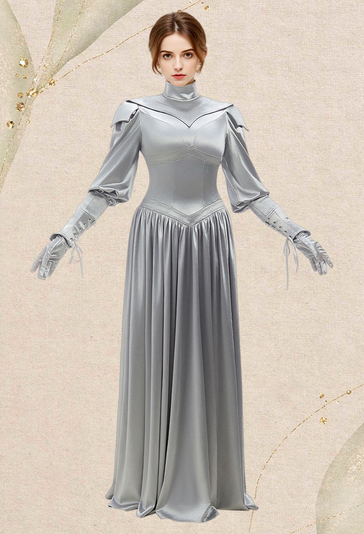 Medieval Elegant Female Warrior Dress Women Knight Maxi Dress with Gloves and Wrist Armor
