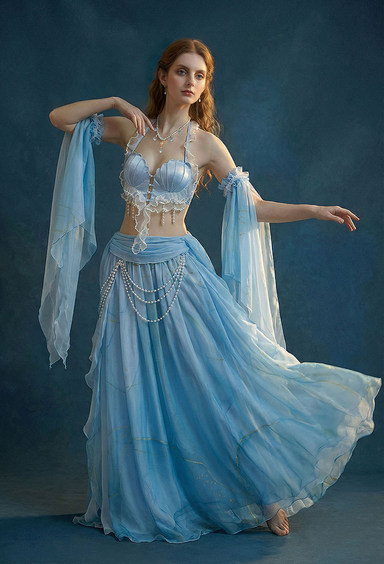 Medieval Renaissance Outfit Mermaid Costume Seashell Top and Skirt with Sleeves and Waist Chain