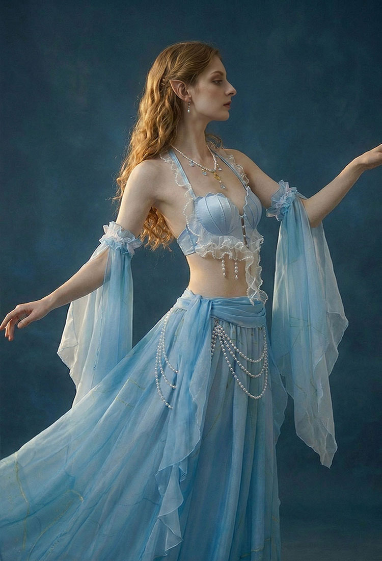 Medieval Renaissance Outfit Mermaid Costume Seashell Top and Skirt with Sleeves and Waist Chain