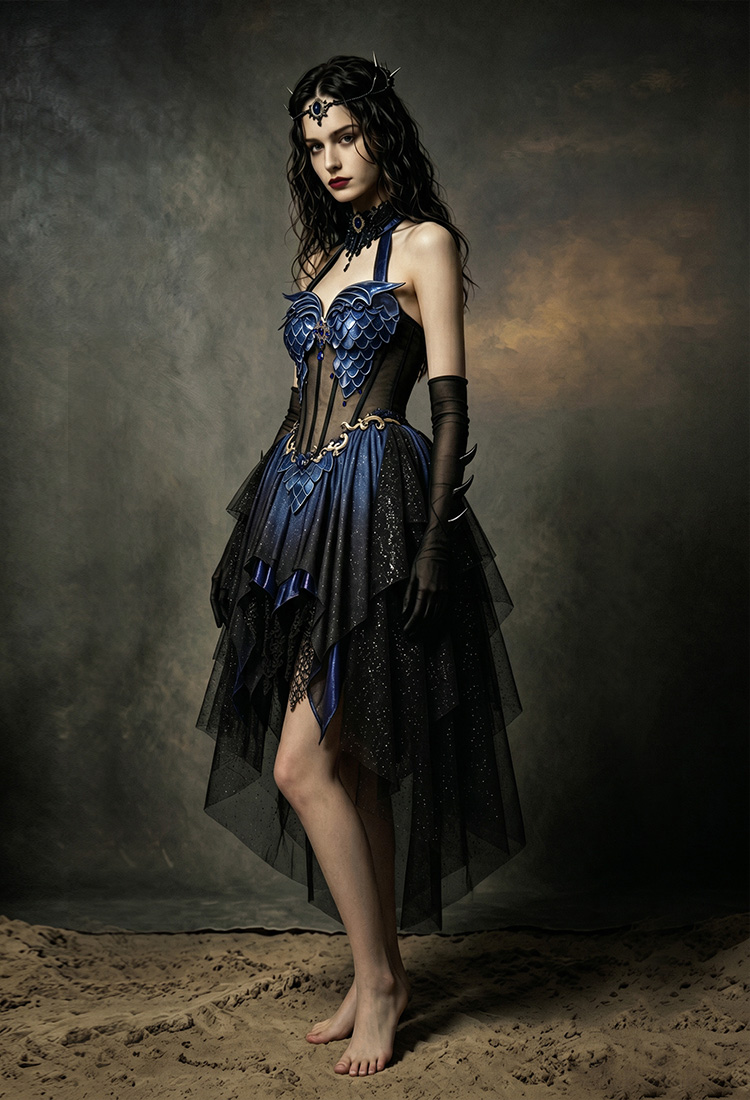 Medieval Fantasy Dragon Elf Dress Dark Gothic Halter Dress with Gloves and Train