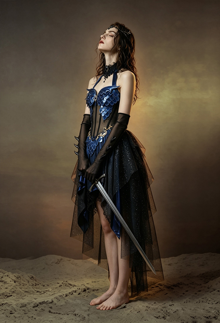 Medieval Fantasy Dragon Elf Dress Dark Gothic Halter Dress with Gloves and Train