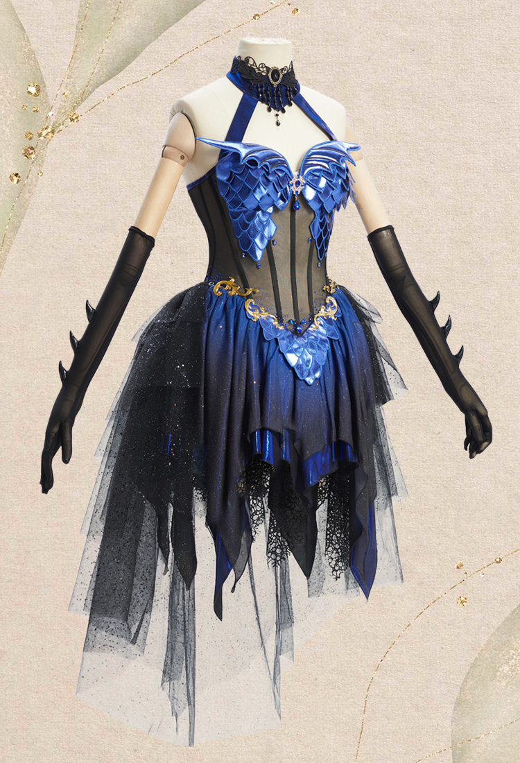 Medieval Fantasy Dragon Elf Dress Dark Gothic Halter Dress with Gloves and Train