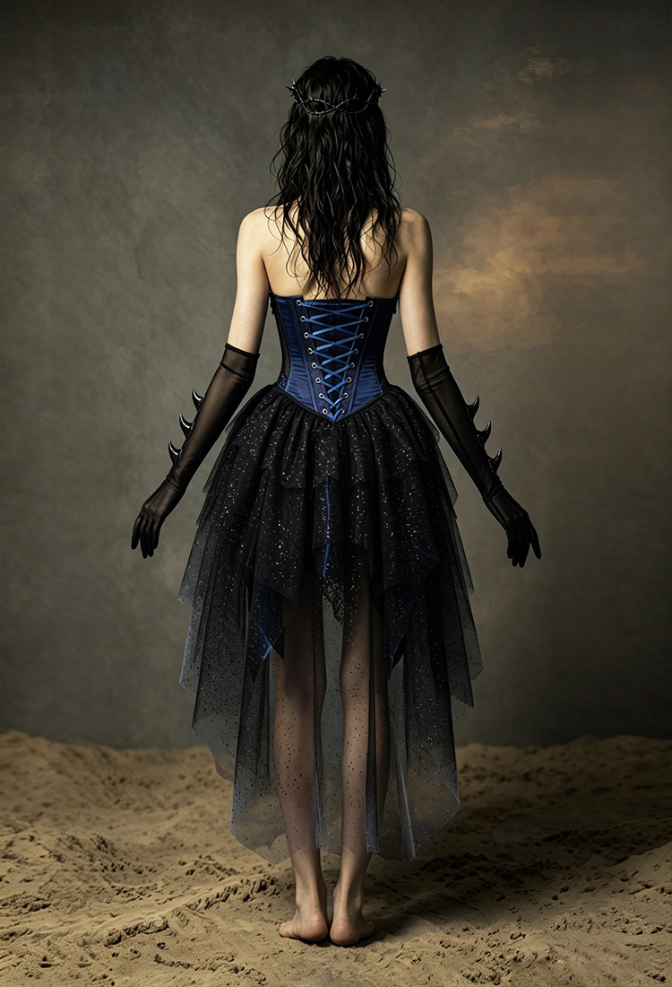 Medieval Fantasy Dragon Elf Dress Dark Gothic Halter Dress with Gloves and Train