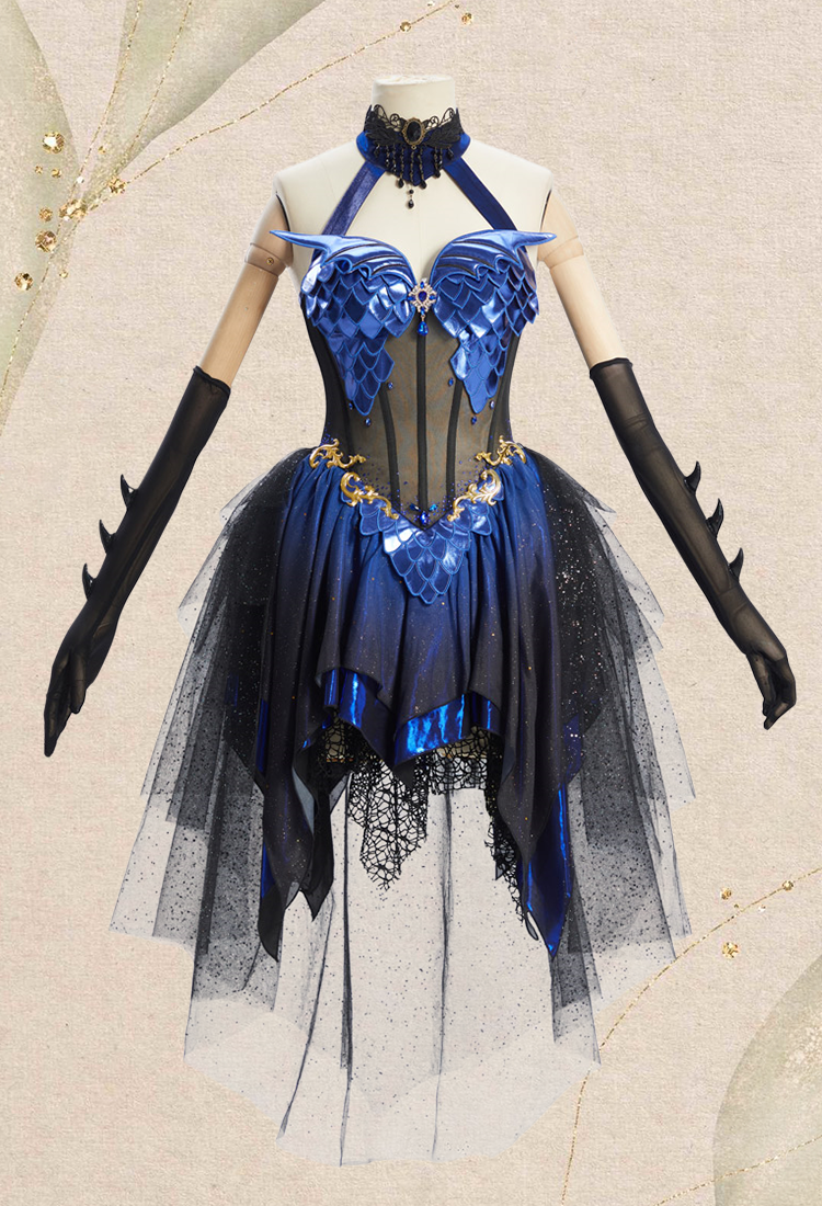 Medieval Fantasy Dragon Elf Dress Dark Gothic Halter Dress with Gloves and Train