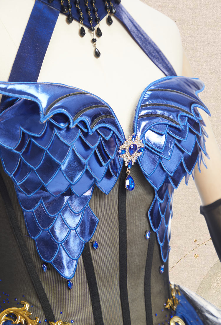 Medieval Fantasy Dragon Elf Dress Dark Gothic Halter Dress with Gloves and Train