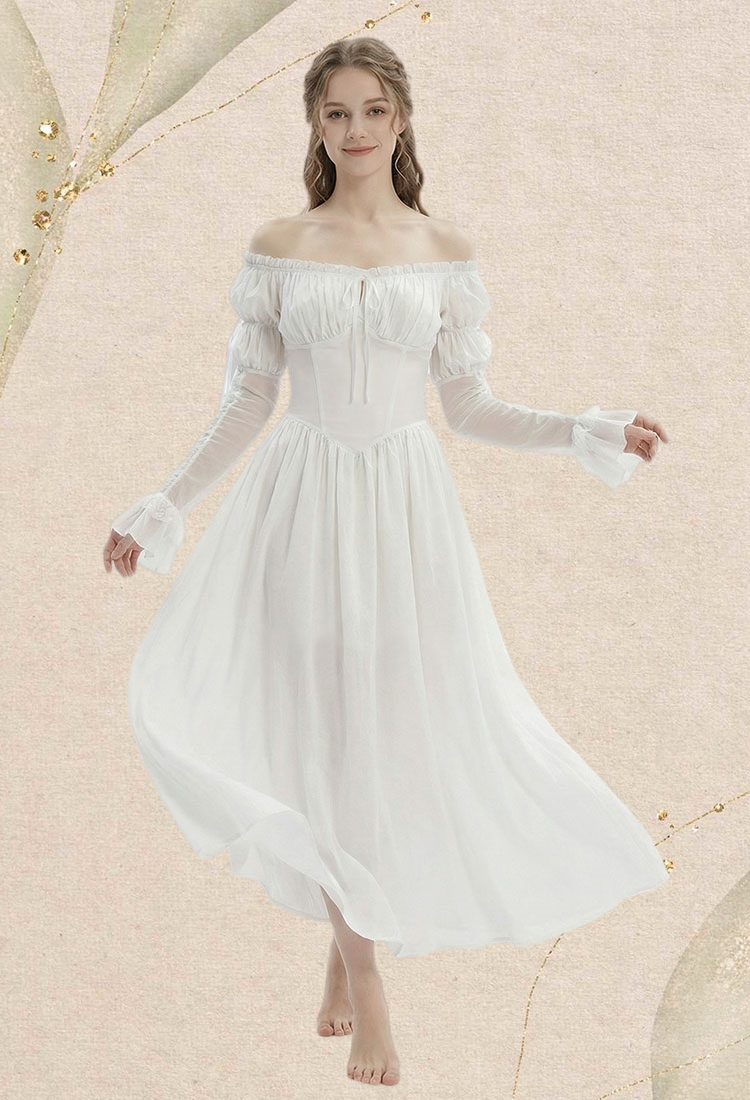 Medieval Retro Underdress Renaissance Court Style Off-shoulder Puff Sleeve Dress