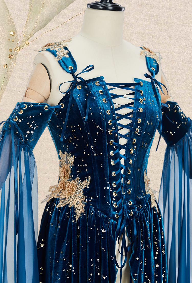 Medieval Renaissance Elf Style Blue Velvet Dress with Sleeves