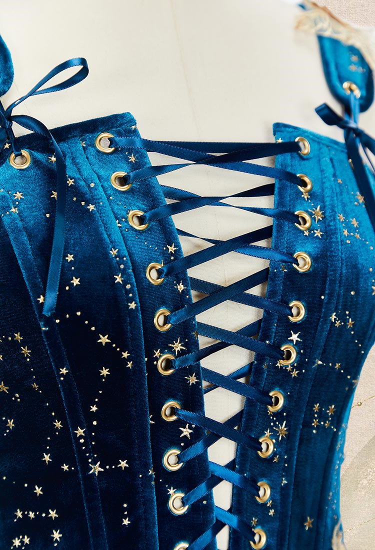 Medieval Renaissance Elf Style Blue Velvet Dress with Sleeves