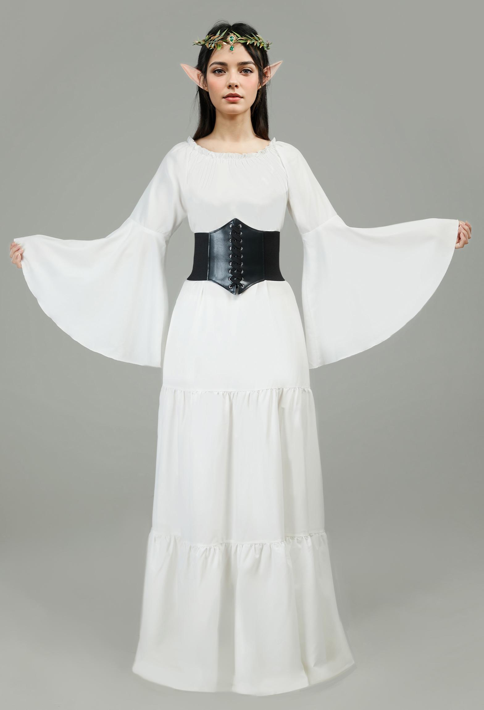 Medieval Renaissance Costume Elegant Flared Sleeve Dress with Corset and Ears