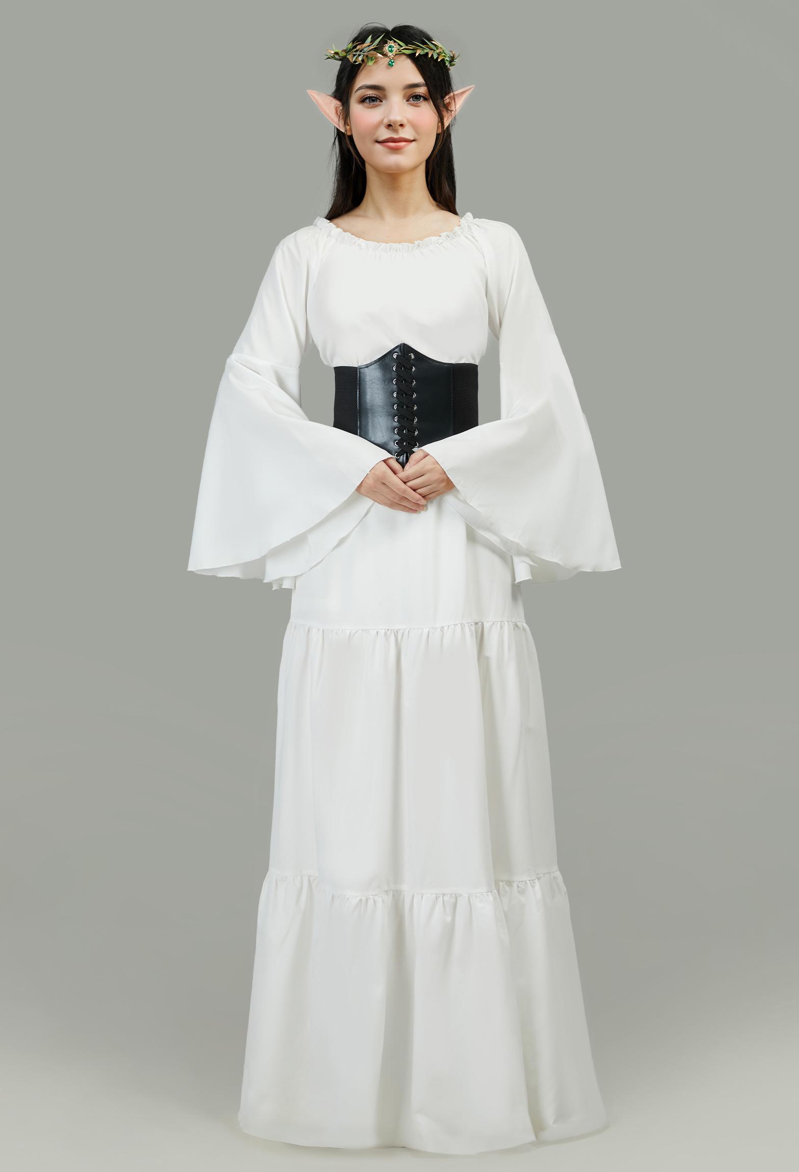 Medieval Renaissance Costume Elegant Flared Sleeve Dress with Corset and Ears