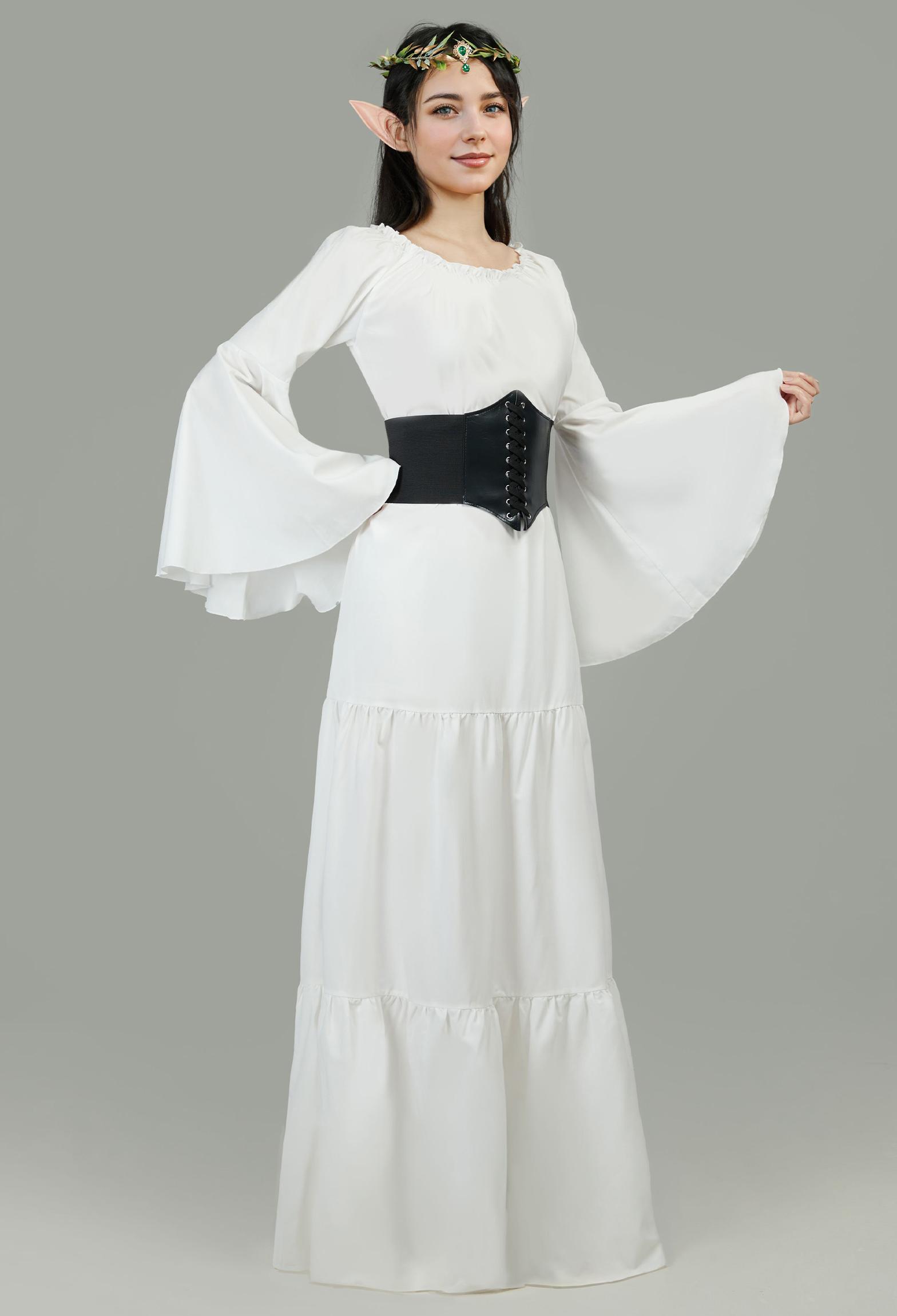 Medieval Renaissance Costume Elegant Flared Sleeve Dress with Corset and Ears