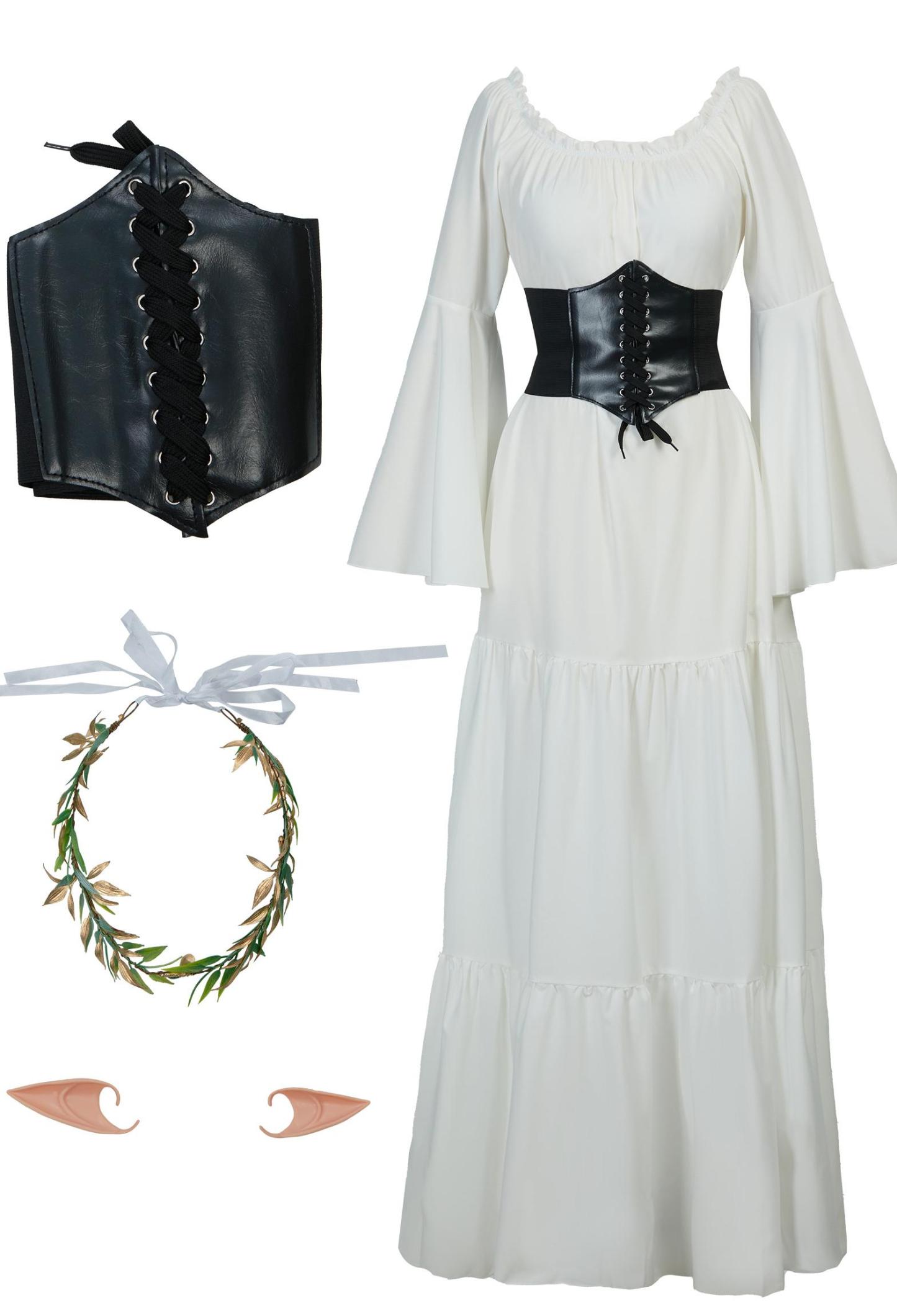 Medieval Renaissance Costume Elegant Flared Sleeve Dress with Corset and Ears