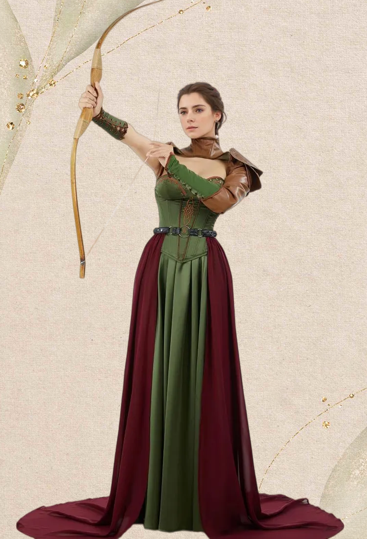 Medieval Renaissance Costume Viking Warrior Soldier Dress Set Corset and Long Skirt with Shoulder Armor