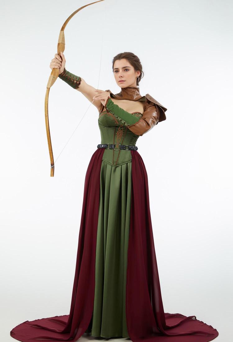 Medieval Renaissance Costume Viking Warrior Soldier Dress Set Corset and Long Skirt with Shoulder Armor