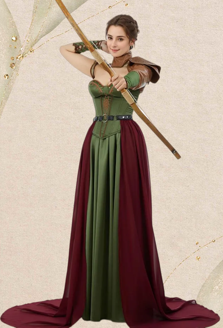 Medieval Renaissance Costume Viking Warrior Soldier Dress Set Corset and Long Skirt with Shoulder Armor