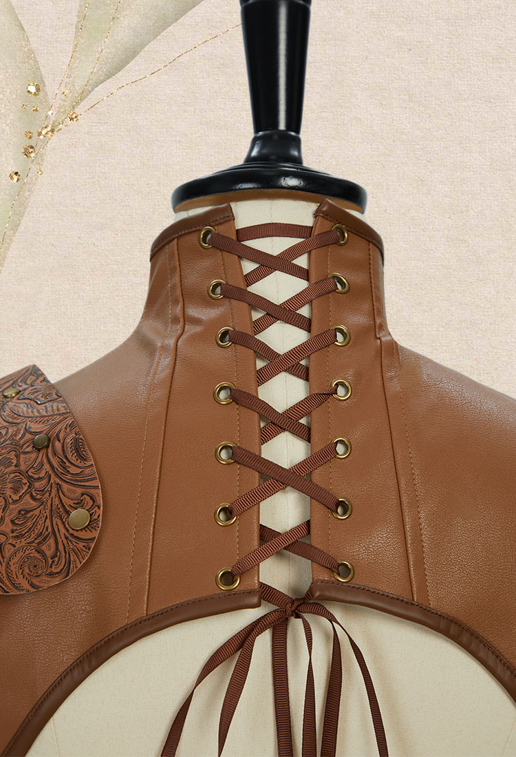 Medieval Renaissance Costume Viking Warrior Soldier Dress Set Corset and Long Skirt with Shoulder Armor