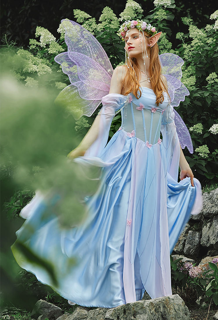 Medieval Vintage Butterfly Elf Style Dress Renaissance Fairy Blue Pink Irregular Dress with Sleeves