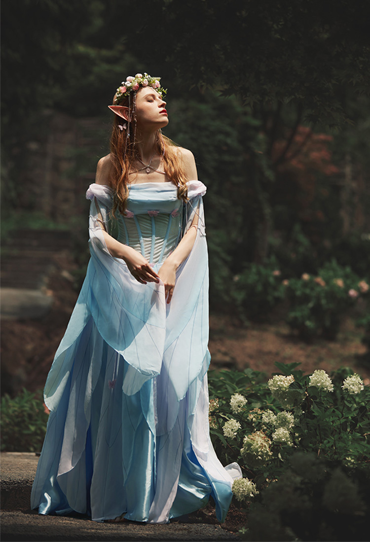 Medieval Vintage Butterfly Elf Style Dress Renaissance Fairy Blue Pink Irregular Dress with Sleeves
