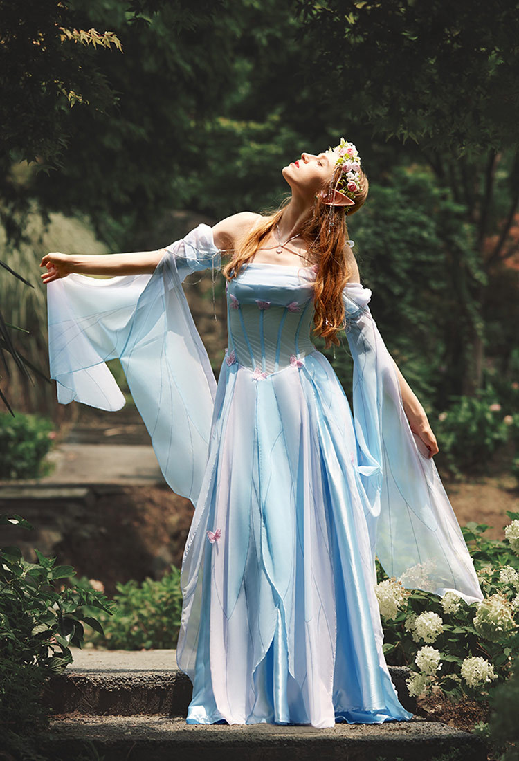 Medieval Vintage Butterfly Elf Style Dress Renaissance Fairy Blue Pink Irregular Dress with Sleeves