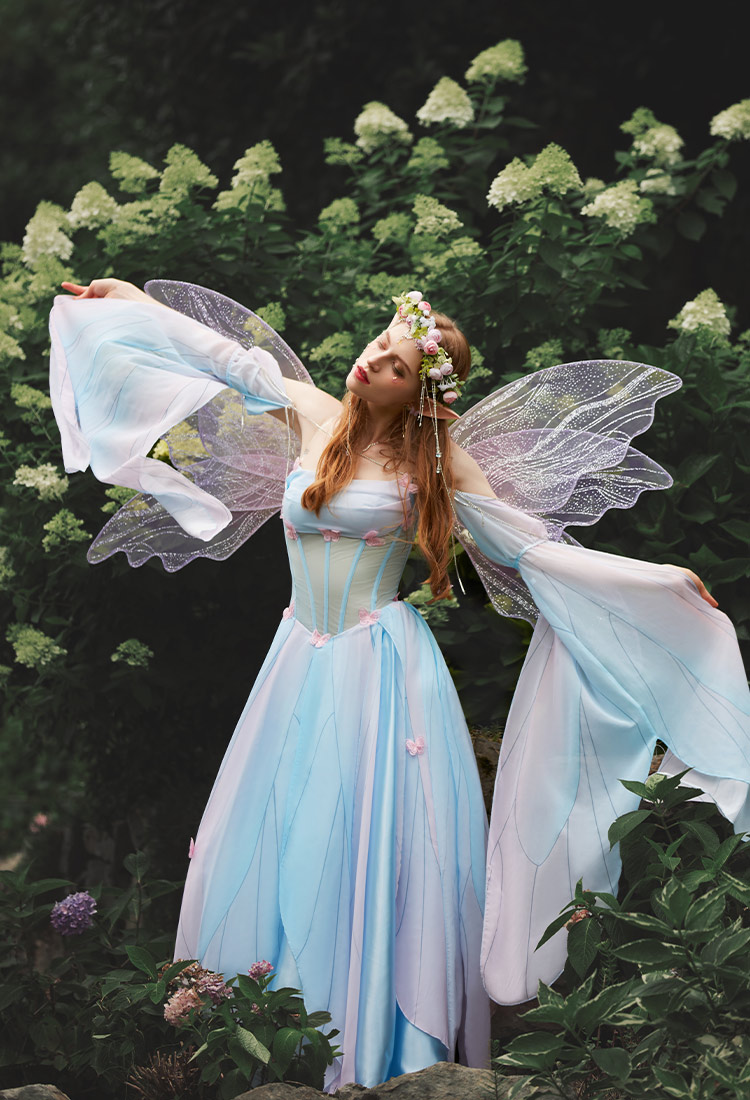 Medieval Vintage Butterfly Elf Style Dress Renaissance Fairy Blue Pink Irregular Dress with Sleeves