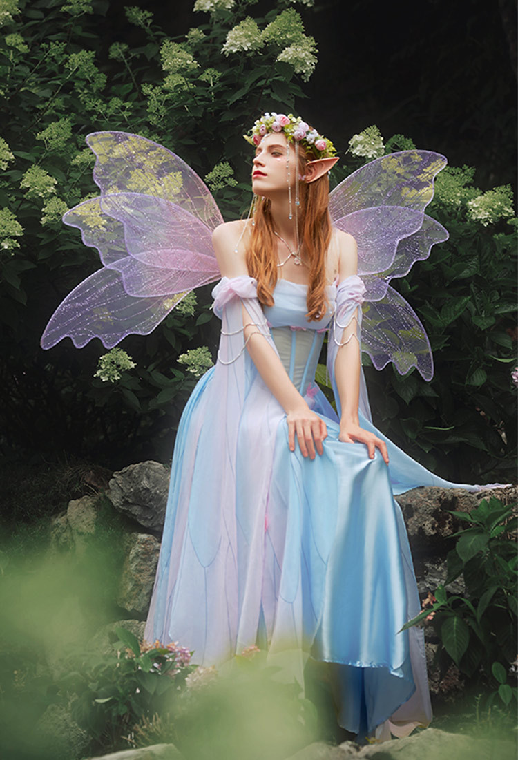 Medieval Vintage Butterfly Elf Style Dress Renaissance Fairy Blue Pink Irregular Dress with Sleeves