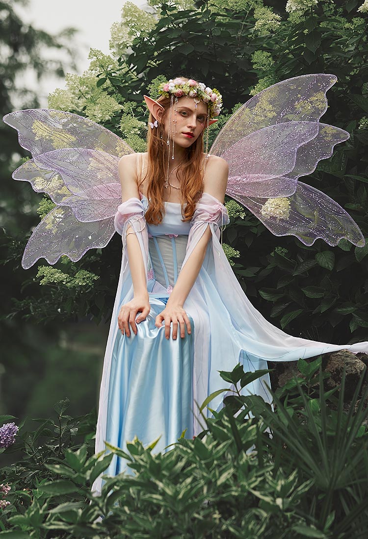 Medieval Vintage Butterfly Elf Style Dress Renaissance Fairy Blue Pink Irregular Dress with Sleeves