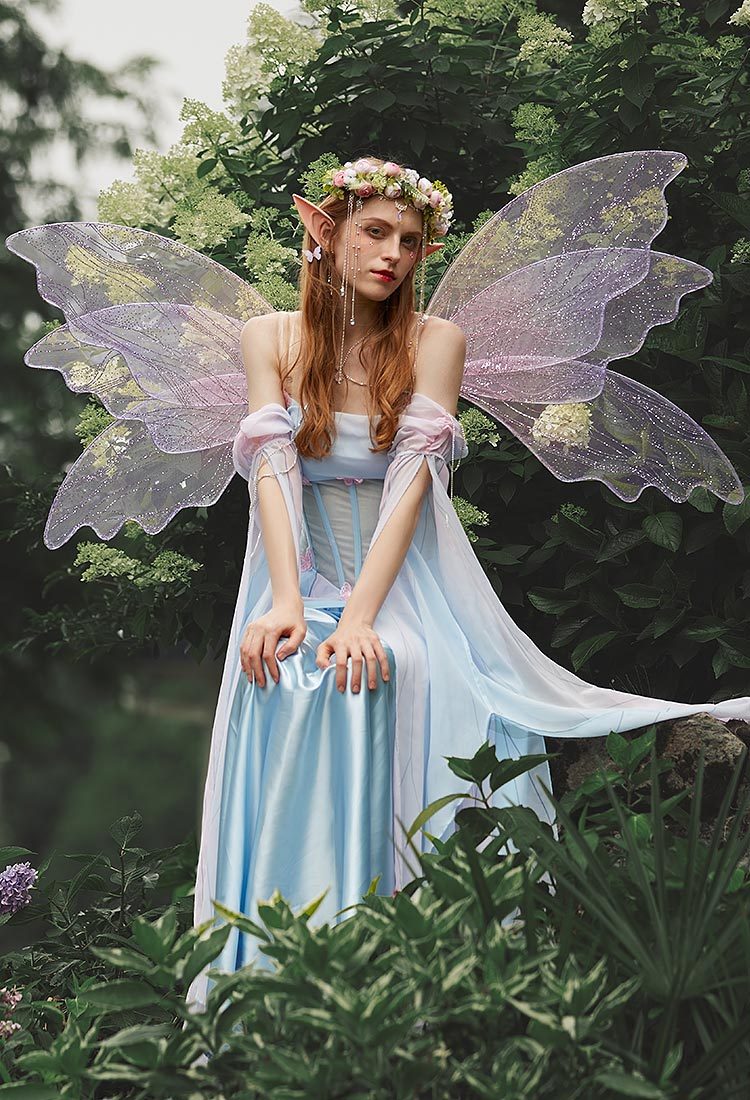 Medieval Vintage Butterfly Elf Style Dress Renaissance Fairy Blue Pink Irregular Dress with Sleeves