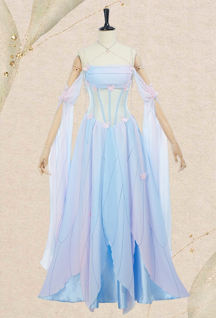 Medieval Vintage Butterfly Elf Style Dress Renaissance Fairy Blue Pink Irregular Dress with Sleeves