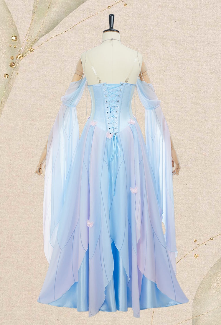 Medieval Vintage Butterfly Elf Style Dress Renaissance Fairy Blue Pink Irregular Dress with Sleeves
