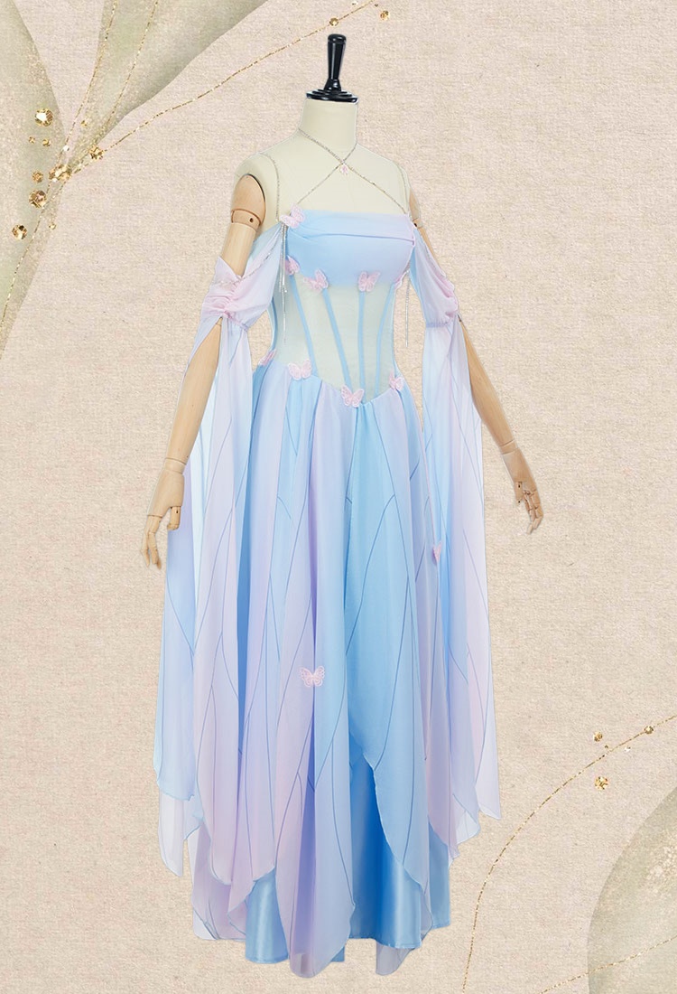 Medieval Vintage Butterfly Elf Style Dress Renaissance Fairy Blue Pink Irregular Dress with Sleeves