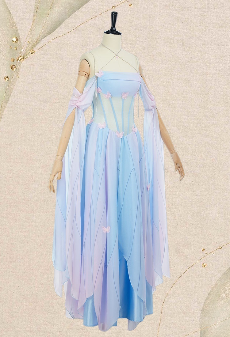 Medieval Vintage Butterfly Elf Style Dress Renaissance Fairy Blue Pink Irregular Dress with Sleeves