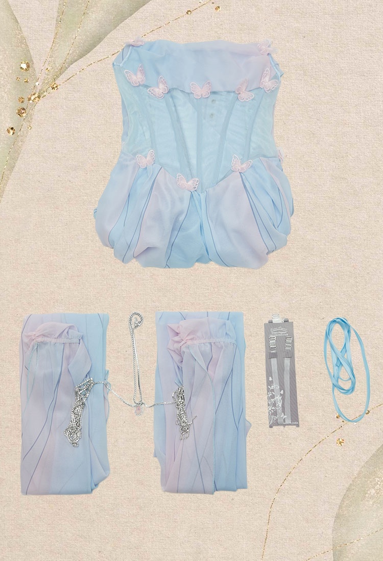 Medieval Vintage Butterfly Elf Style Dress Renaissance Fairy Blue Pink Irregular Dress with Sleeves