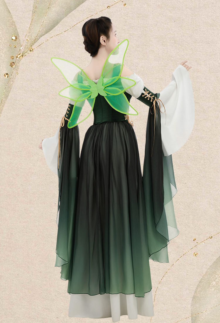 Medieval Fantasy Green Elf Dress Elegant Retro Dress Houppelande with Sleeves and Wing