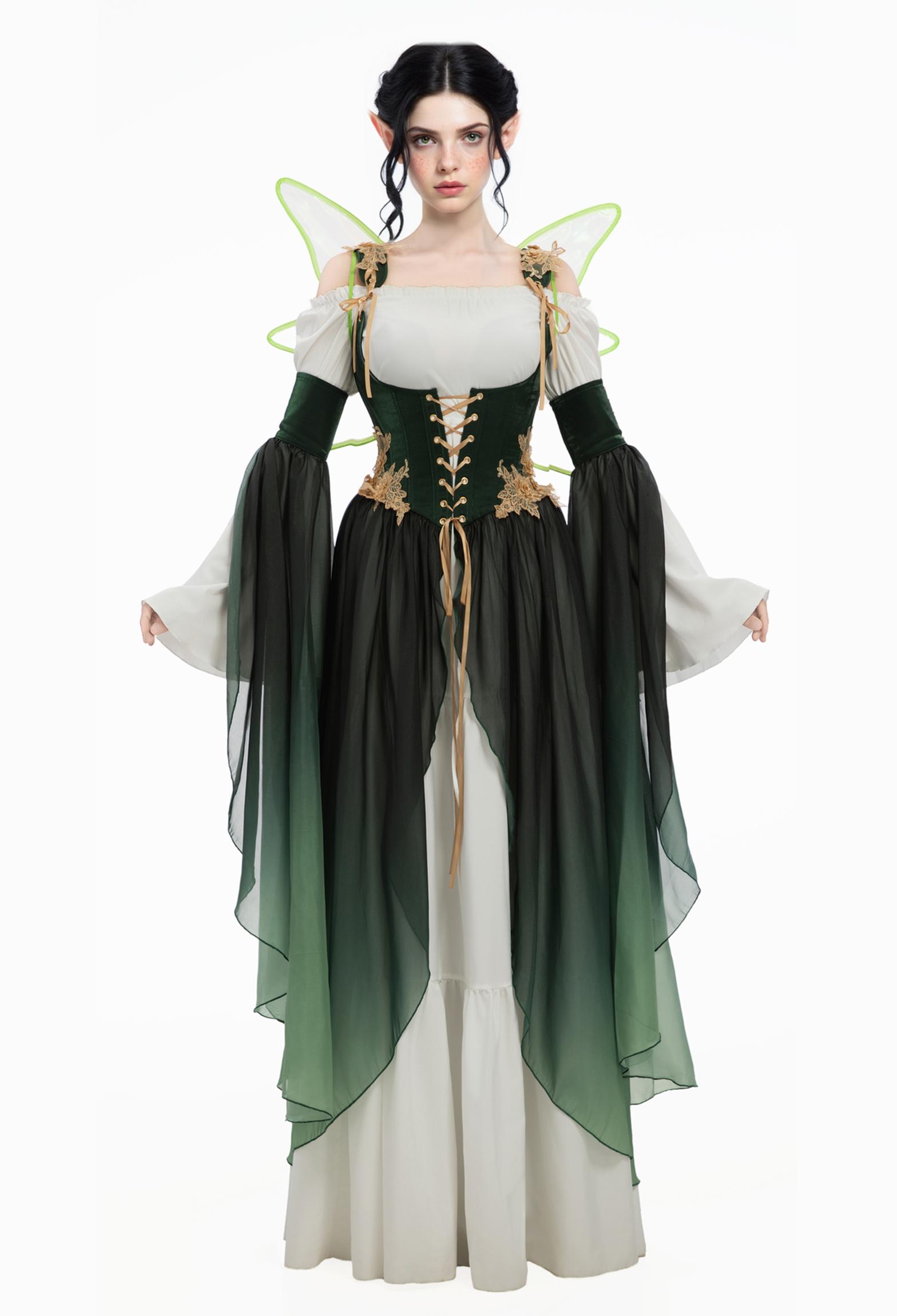 Medieval Fantasy Green Elf Dress Elegant Retro Dress Houppelande with Sleeves and Wing