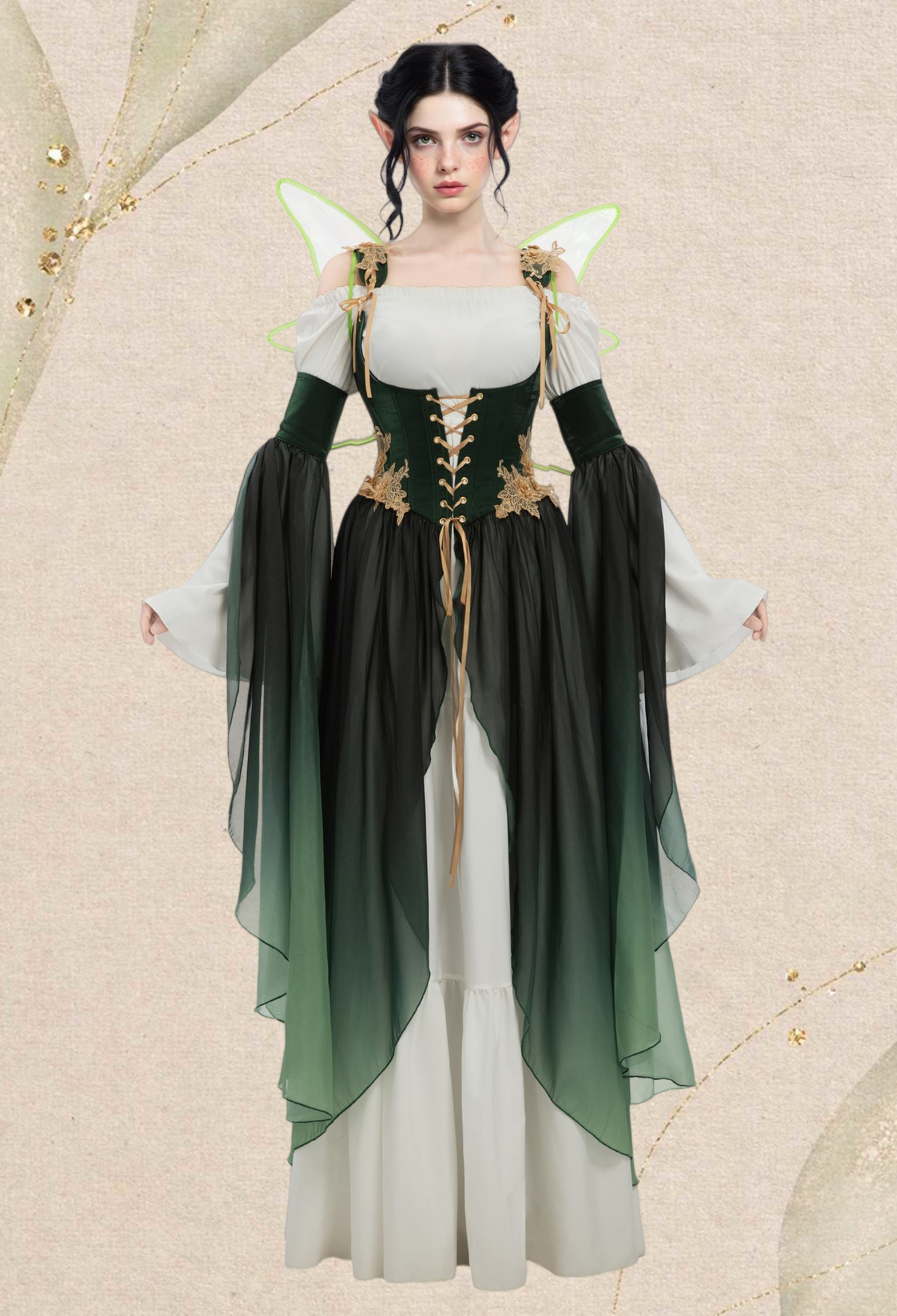 Medieval Fantasy Green Elf Dress Elegant Retro Dress Houppelande with Sleeves and Wing