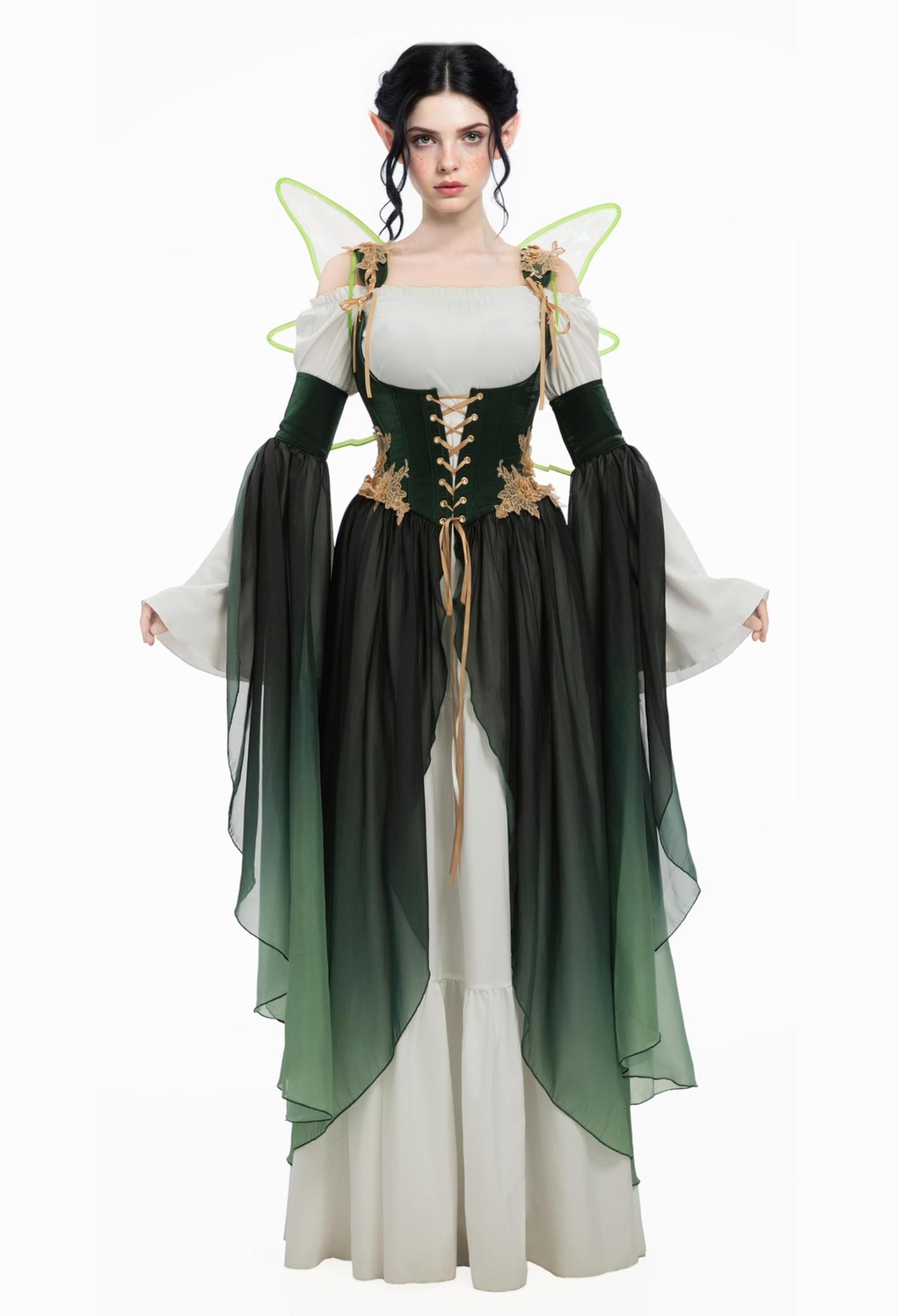 Medieval Fantasy Green Elf Dress Elegant Retro Dress Houppelande with Sleeves and Wing