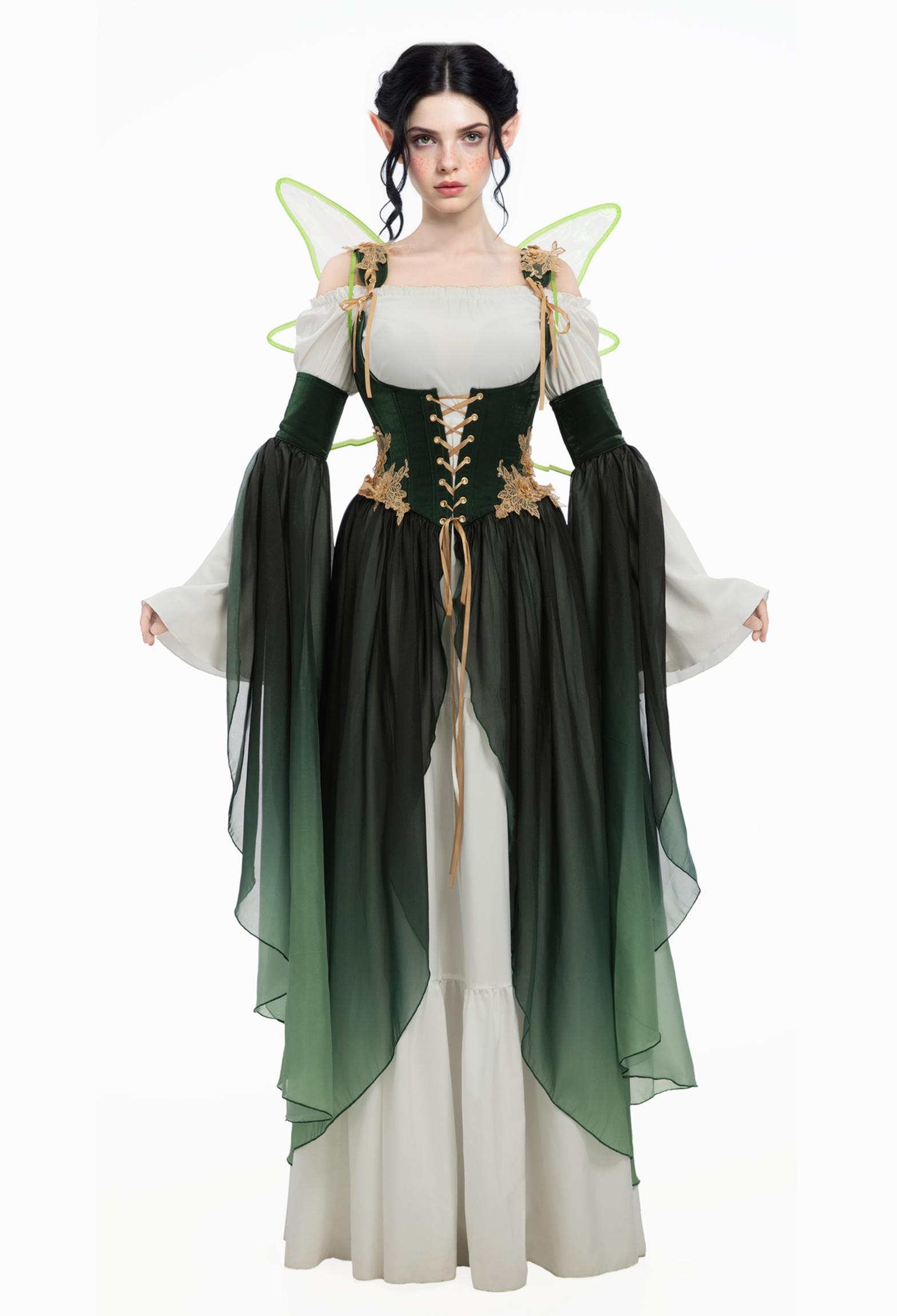 Medieval Fantasy Green Elf Dress Elegant Retro Dress Houppelande with Sleeves and Wing