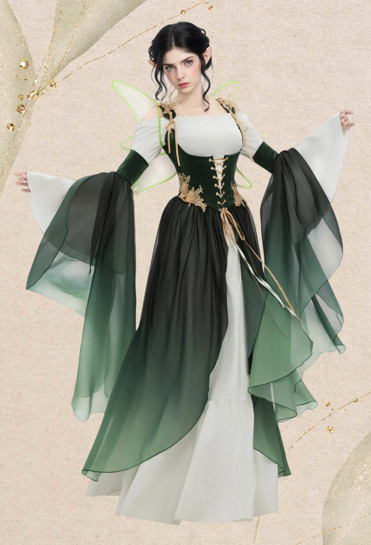 Medieval Fantasy Green Elf Dress Elegant Retro Dress Houppelande with Sleeves and Wing