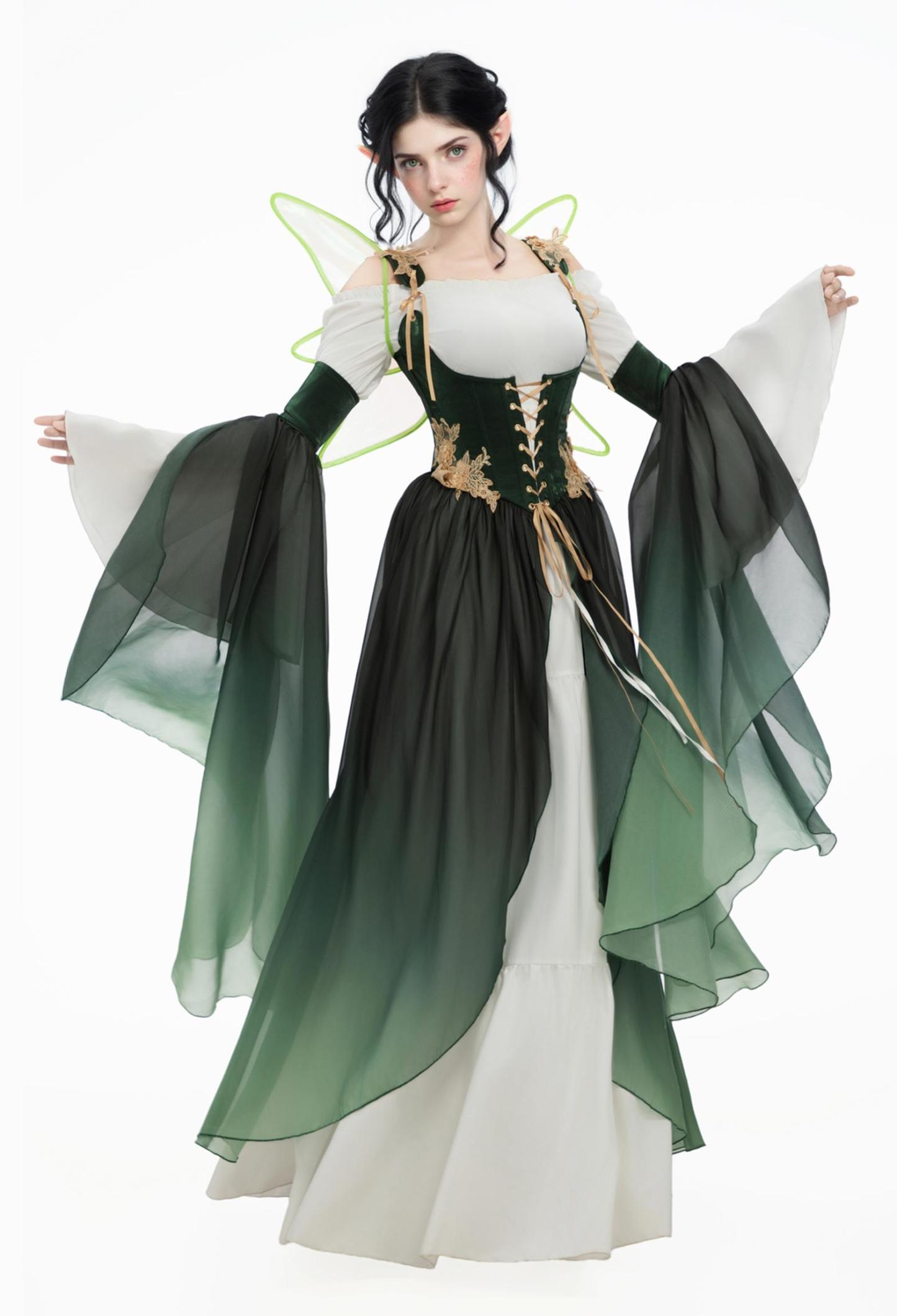 Medieval Fantasy Green Elf Dress Elegant Retro Dress Houppelande with Sleeves and Wing