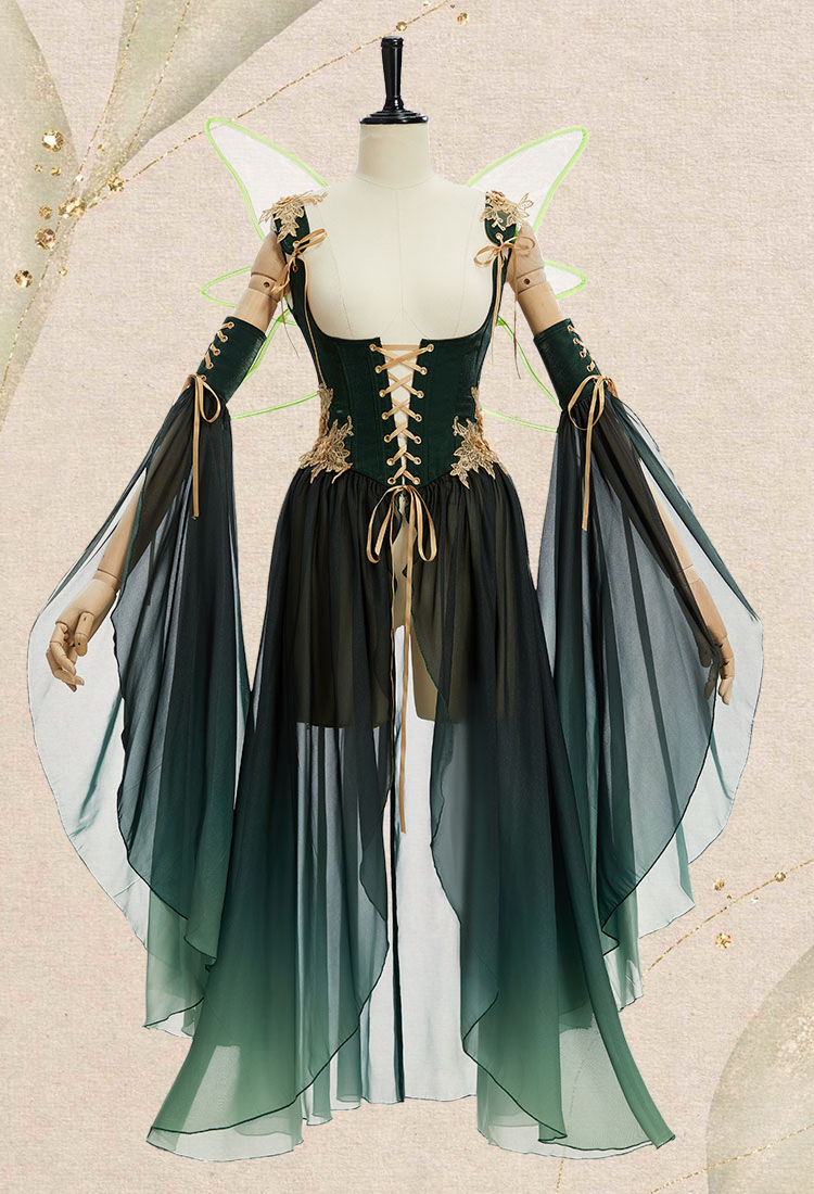 Medieval Fantasy Green Elf Dress Elegant Retro Dress Houppelande with Sleeves and Wing