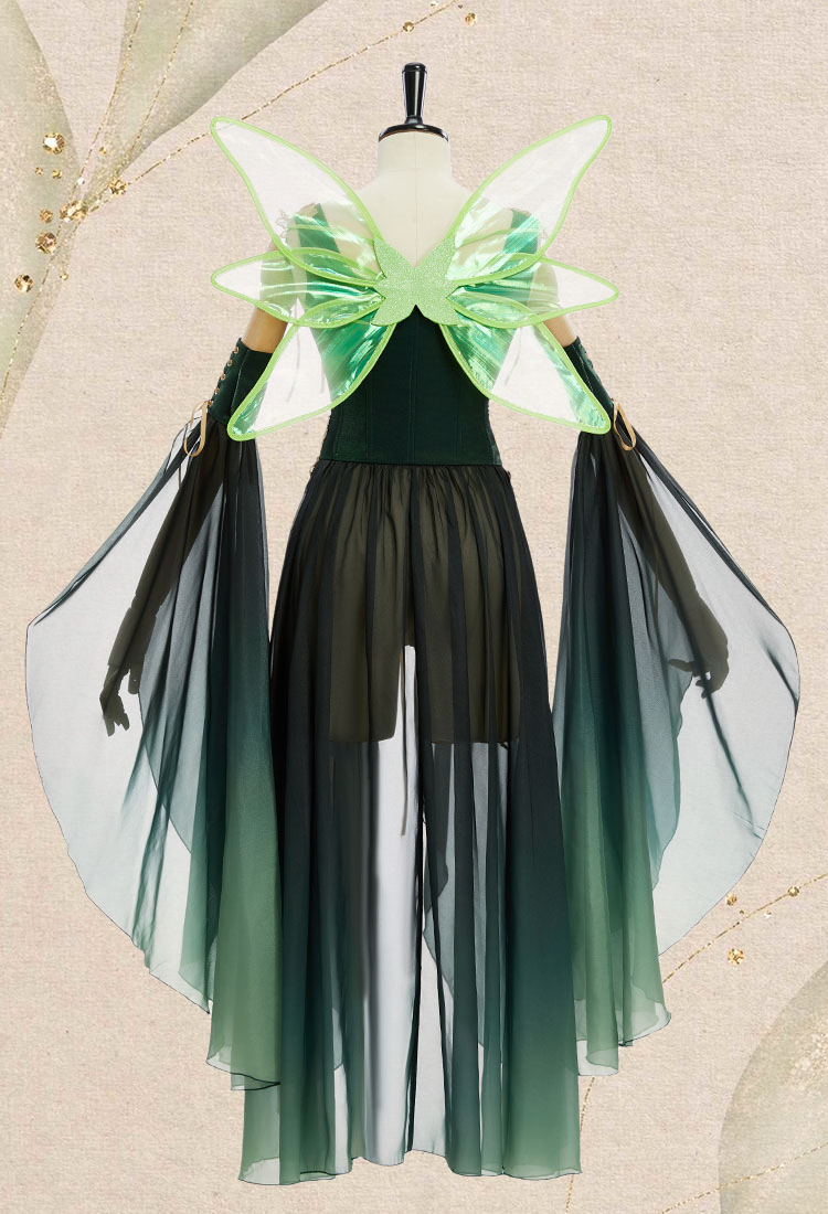 Medieval Fantasy Green Elf Dress Elegant Retro Dress Houppelande with Sleeves and Wing
