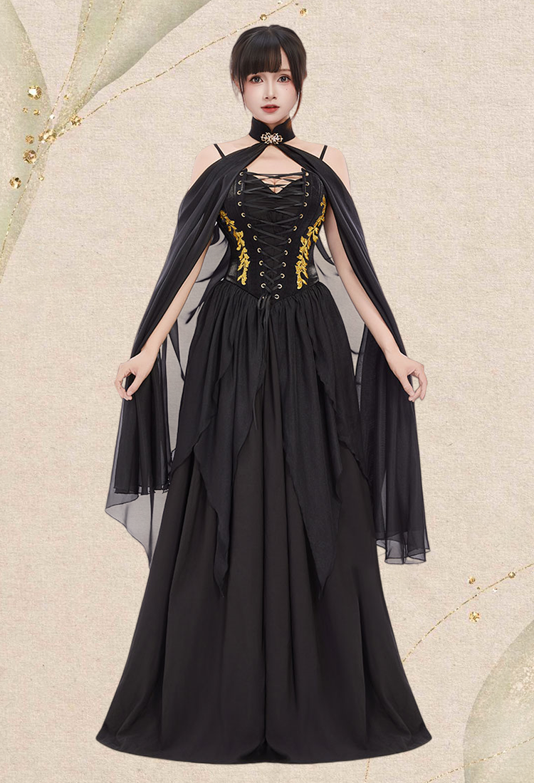 Medieval Dark Elf Dress Set Renaissance Gothic Costume Inner Dress Corset Dress Set with Cape