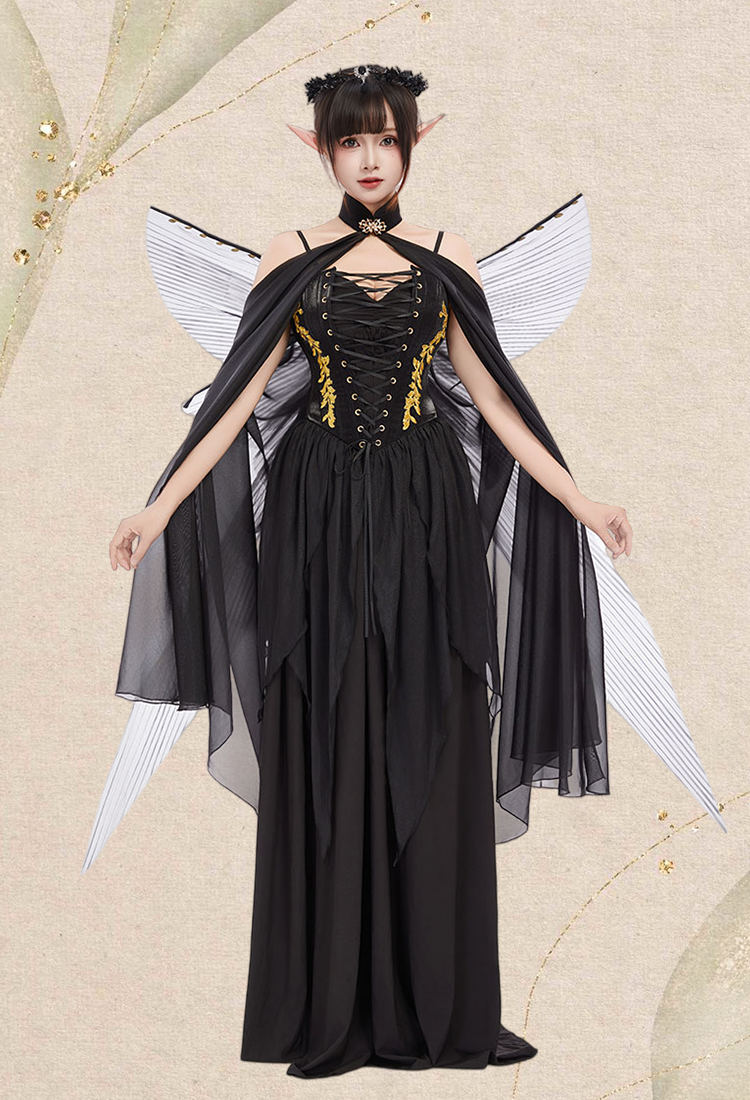Medieval Dark Elf Dress Set Renaissance Gothic Costume Inner Dress Corset Dress Set with Cape