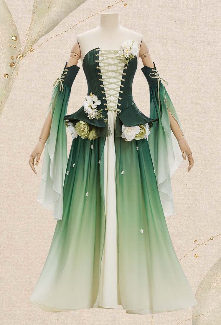 Medieval Flower Fairy Green Gradient Tube Dress Renaissance Fantasy Costume Outer Dress with Sleeves