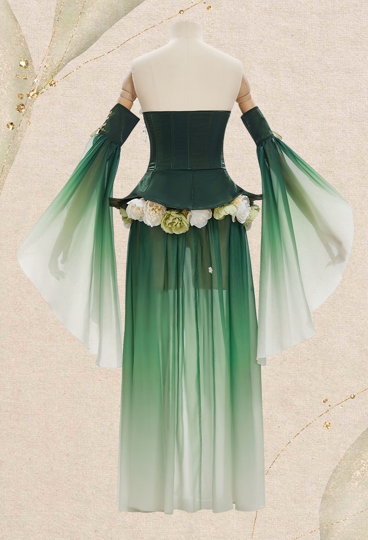 Medieval Flower Fairy Green Gradient Tube Dress Renaissance Fantasy Costume Outer Dress with Sleeves