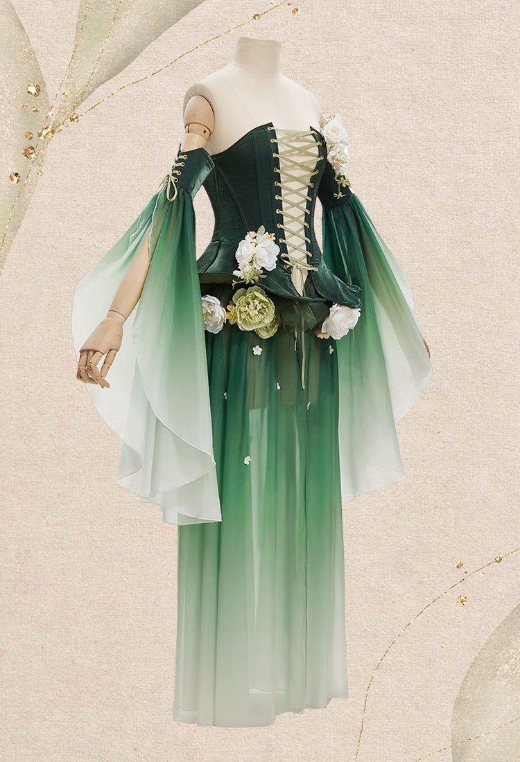 Medieval Flower Fairy Green Gradient Tube Dress Renaissance Fantasy Costume Outer Dress with Sleeves
