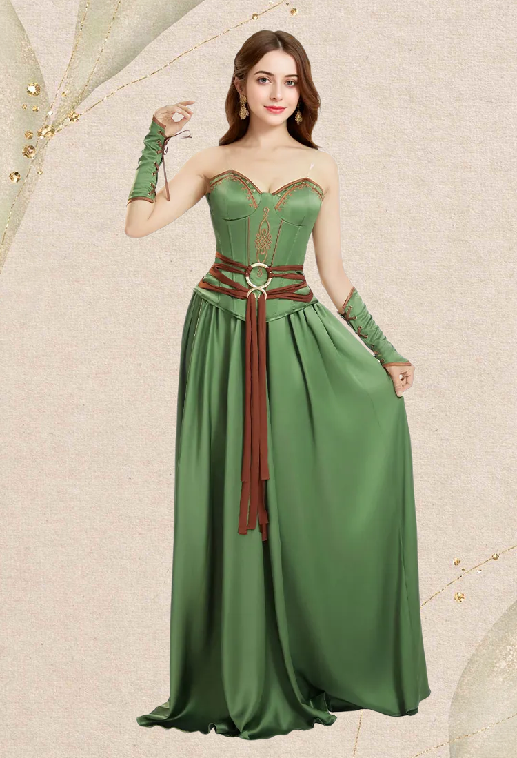 Medieval Renaissance Viking Warrior Female Corset Skirt Set with Waist Ornament and Wrist Armor