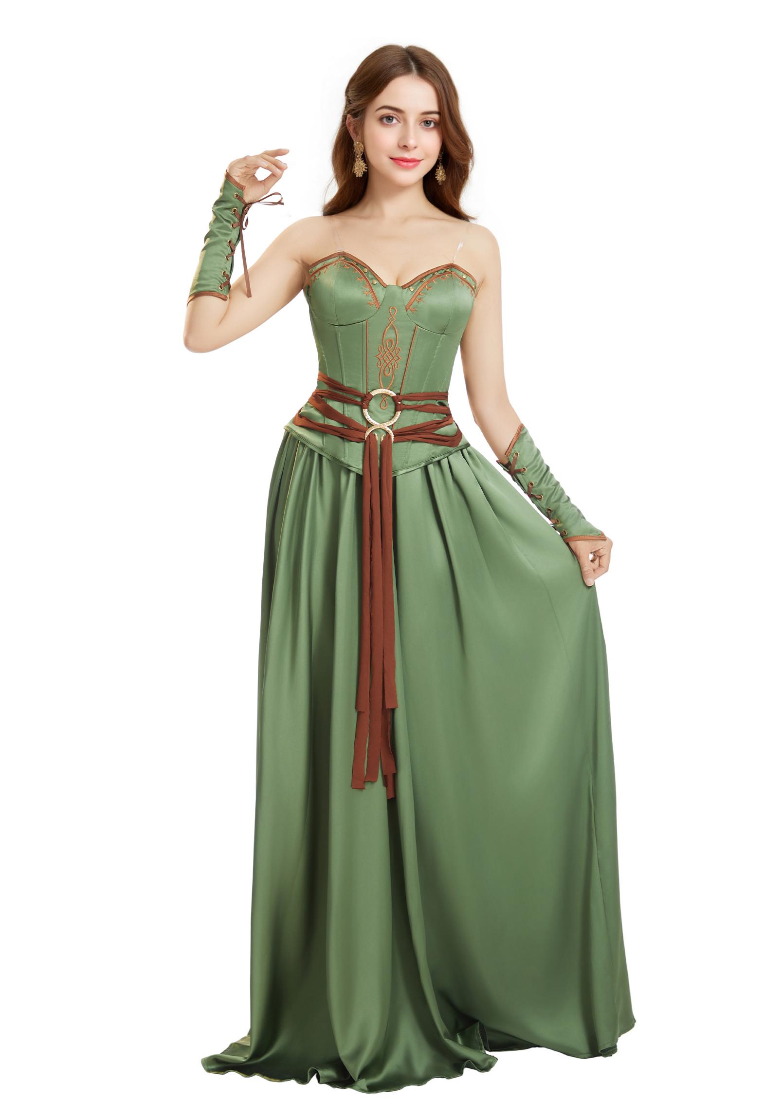 Medieval Renaissance Viking Warrior Female Corset Skirt Set with Waist Ornament and Wrist Armor