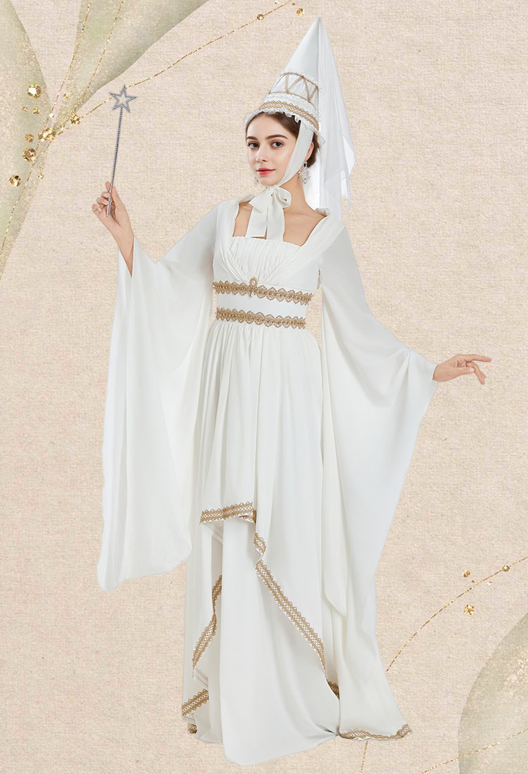 Medieval Princess White Gown Renaissance Costume Maxi Dress with Gold Lace and Pointed Hennin Hat