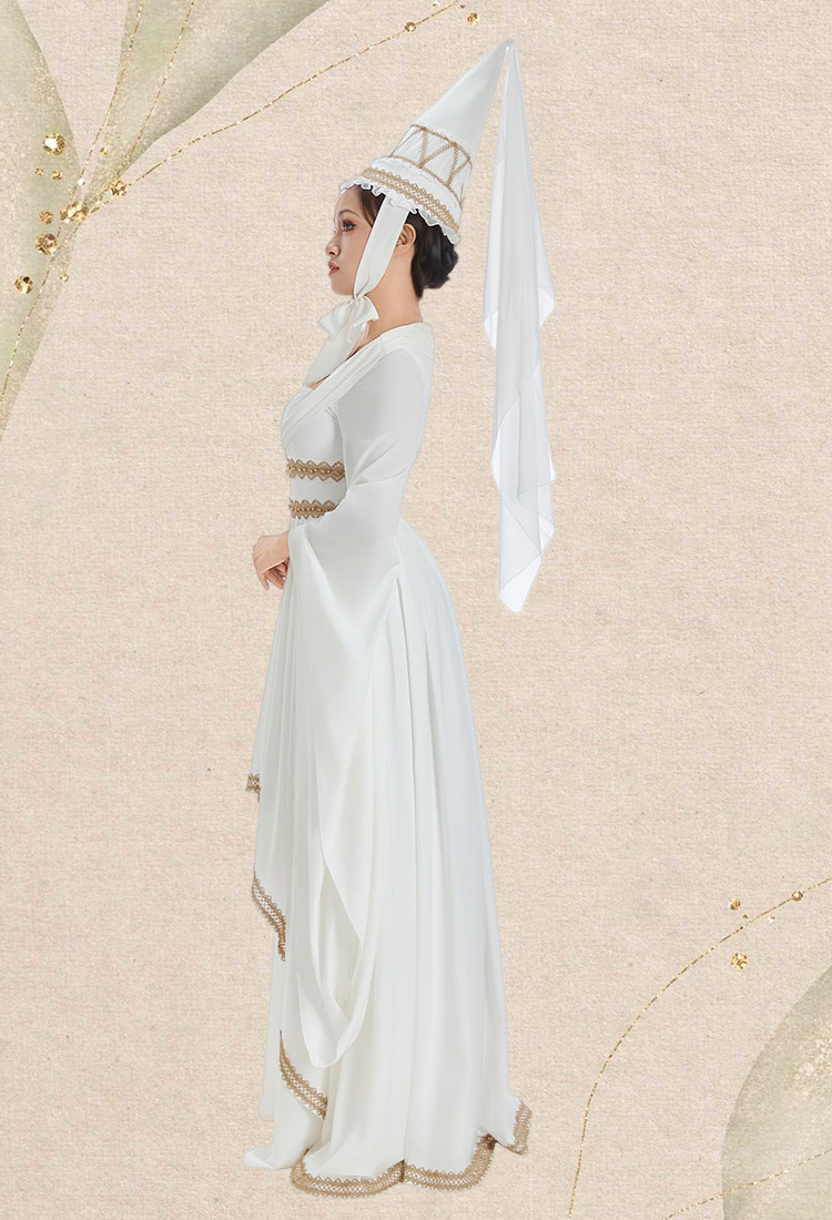 Medieval Princess White Gown Renaissance Costume Maxi Dress with Gold Lace and Pointed Hennin Hat